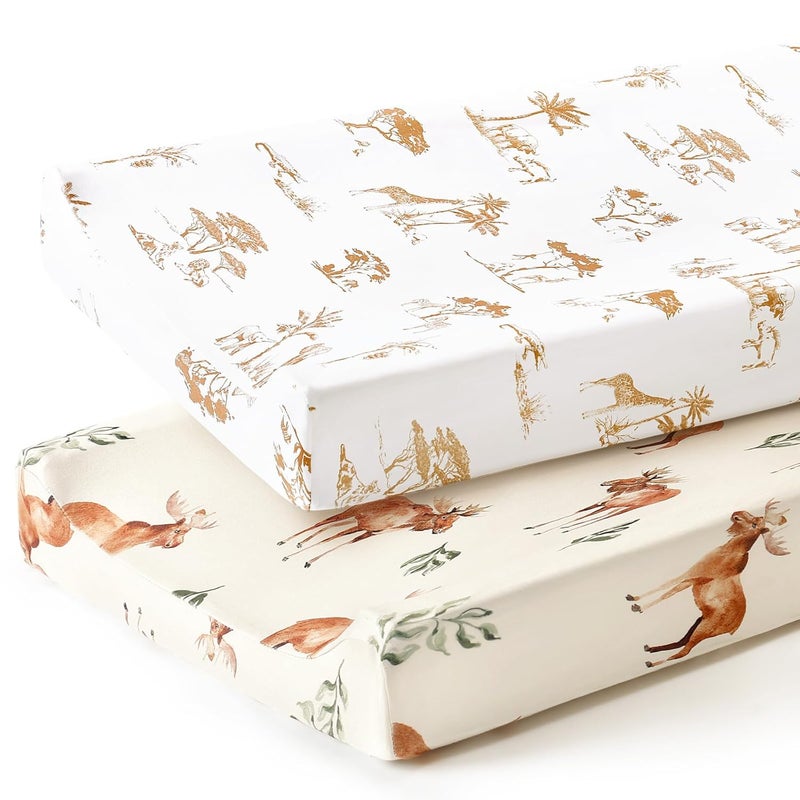 GRSSDER Stretch Ultra Soft Jersey Knit Changing Pad Cover Set 2 Pack, Change Table Pad Covers Fit 32"/34" x 16" Pads Safe and Snug, Stylish Elk Animals Pattern - Image 1